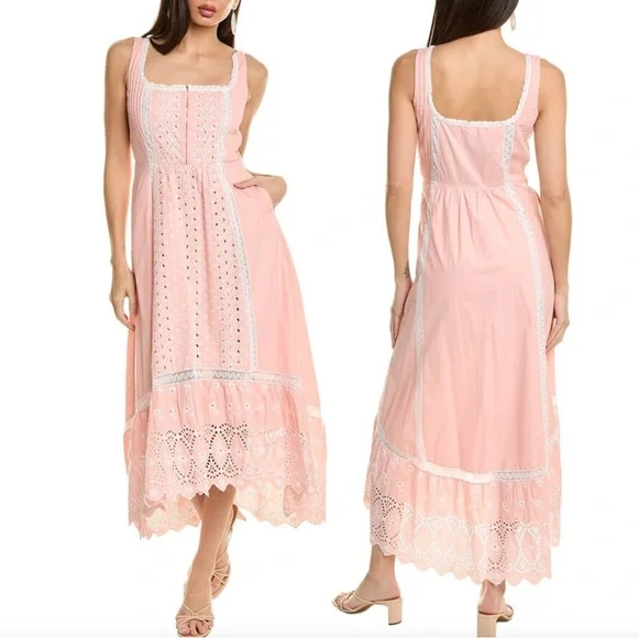 Love Shack Fancy Alwyn Eyelet Bubble Gum Pink Maxi Dress Embroidered Size 6 - Picture 1 of 15